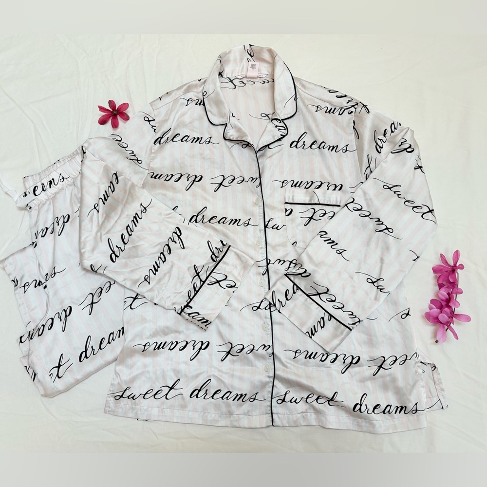 Victoria's Secret Blush & Cream Stripe Pajama Top & Bottom Set with Black Script